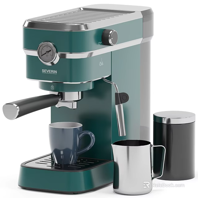 Vintage Green Coffee Machine With Pressure Gauge Milk Frother And Coffee Cup For Kitchen Use 3d model 