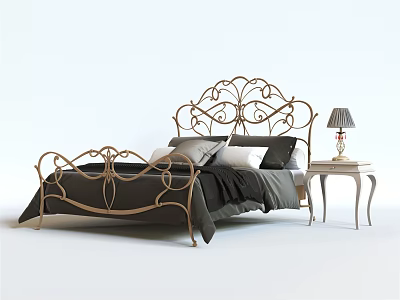 Double Bed With Ornate Metal Frame Headboard Black Gray Pillows And White Bedside Table Lamp 3d model
