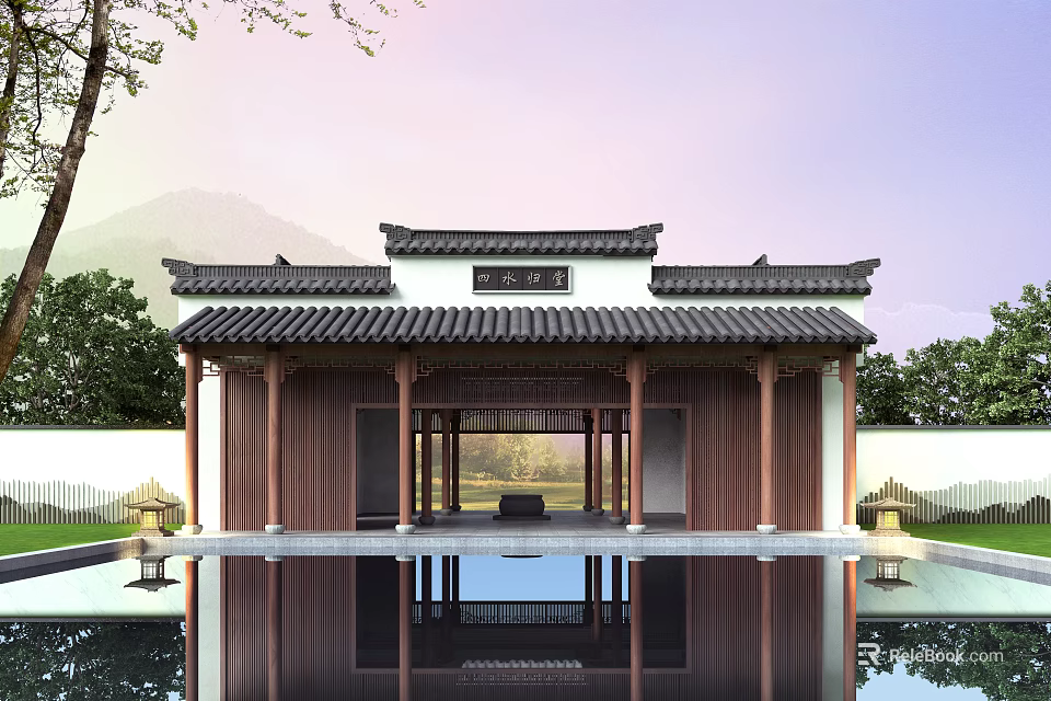 Ancient Chinese Architecture With Reflecting Pool Traditional Roof And Natural Scenery 3d model 