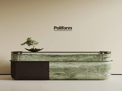 Poliform Modern Reception Desk With Green Marble Top And Small Bonsai Plant 3d model