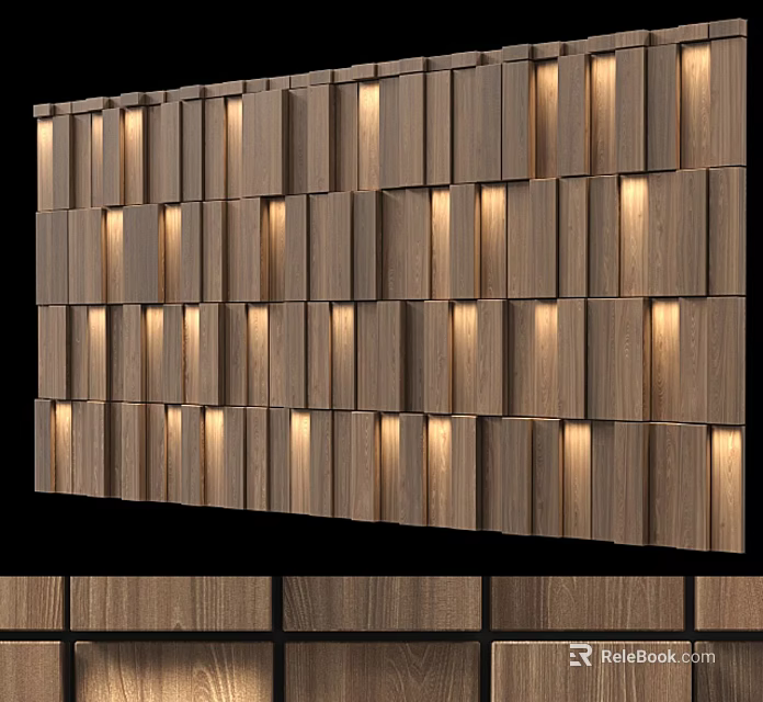 Wooden Accent Wall With Integrated Lighting And Modular Panels 3d model