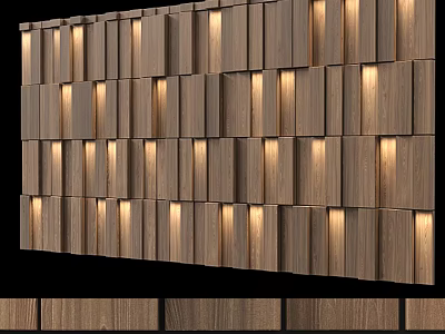 Wooden Accent Wall With Integrated Lighting And Modular Panels 3d model