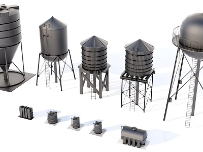 Industrial Equipment Including Storage Tanks Water Towers With Various Structural Designs 3d model