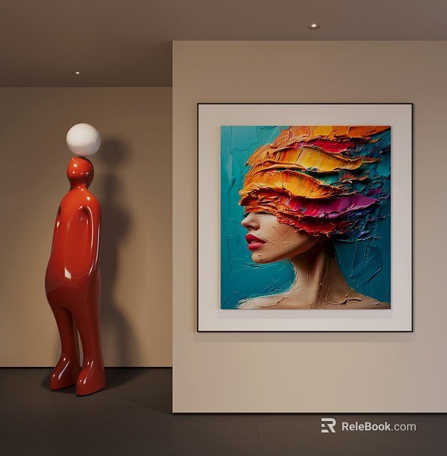 Abstract Painting of Female Profile with Layered Colorful Brushstrokes Orange Red Yellow on Blue Background 3d model 