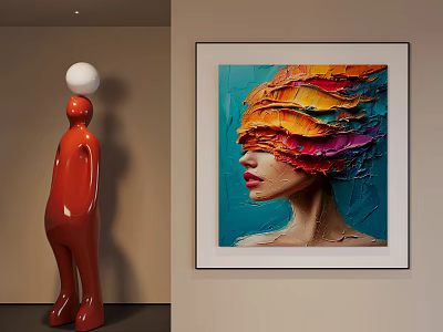 Abstract Painting of Female Profile with Layered Colorful Brushstrokes Orange Red Yellow on Blue Background 3d model