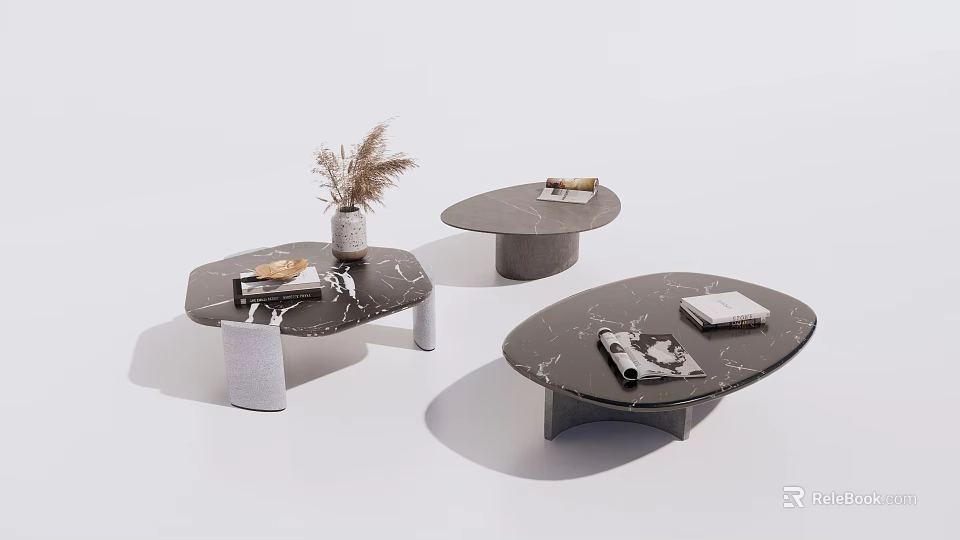 Modern Marble Top Coffee Tables With Different Base Designs And Decorative Items 3d model