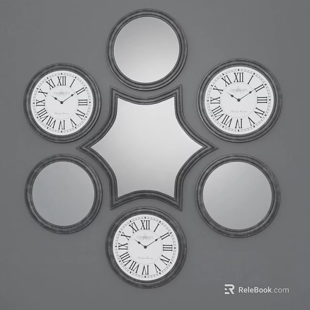 Decorative Star Shaped Mirror Wall Art With Round Mirrors And Roman Numeral Clocks 3d model 
