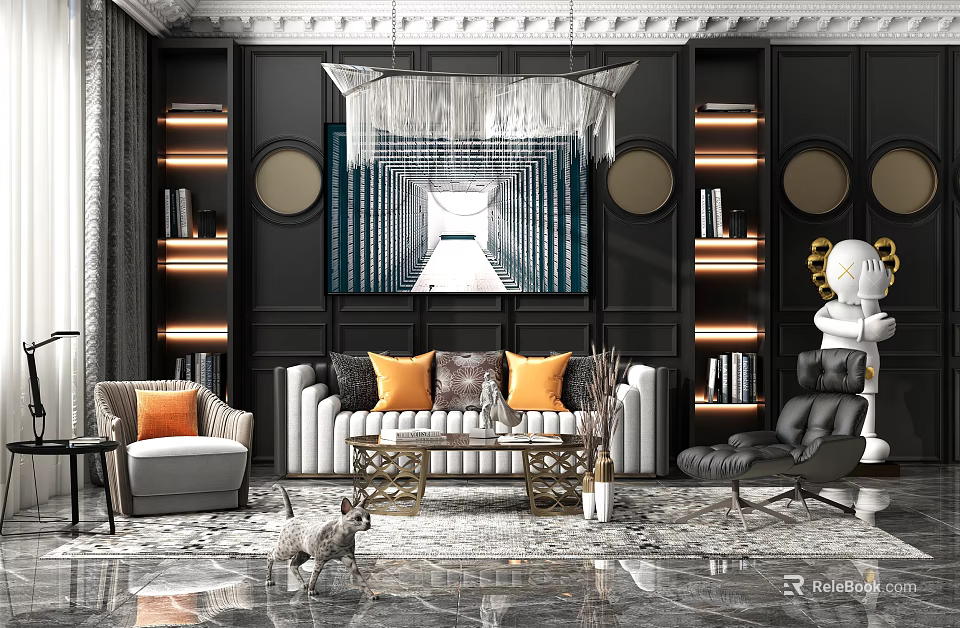 Luxury Modern Living Room Interior With Cozy Sofa Accent Chairs And Built In Shelves 3d model 