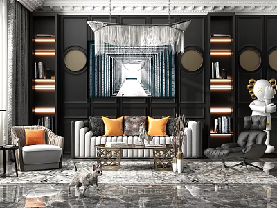 Luxury Modern Living Room Interior With Cozy Sofa Accent Chairs And Built In Shelves 3d model