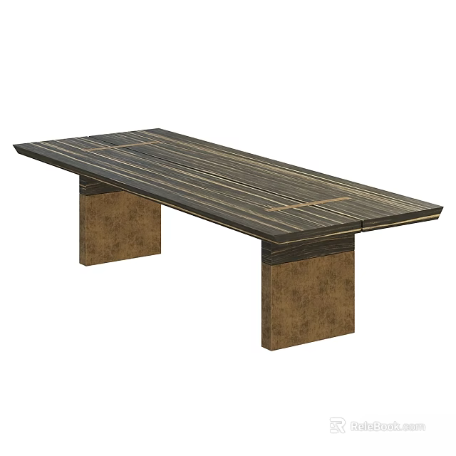 Modern Wooden Dining Table With Striped Tabletop And Brass Metal Legs Design 3d model 