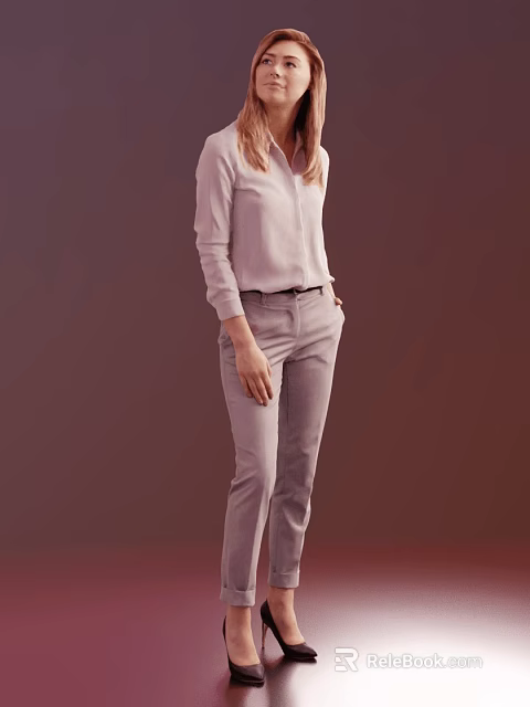 Woman In Light Pink Shirt And Gray Pants Standing In Casual Style 3d model 
