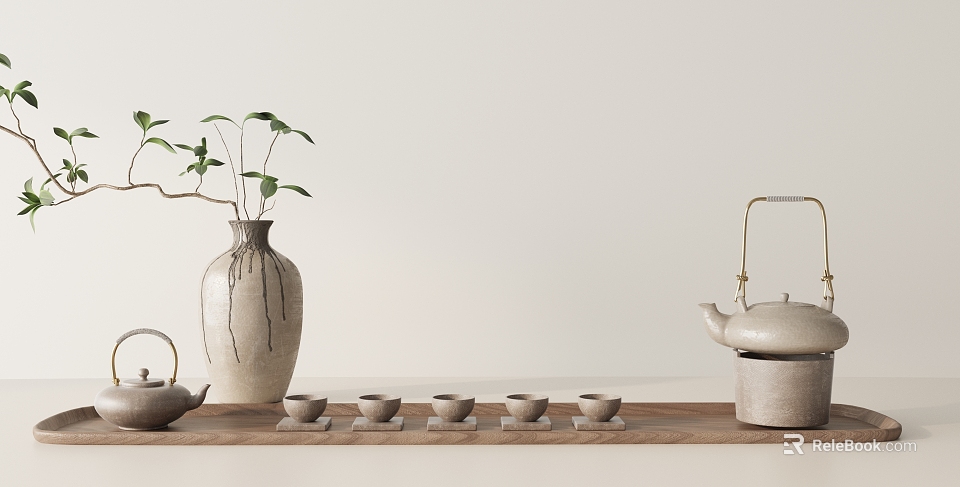 Minimalist Tea Set With Teapot Teacups On Wooden Tray Light Background Green Plant Clay Vase 3d model 