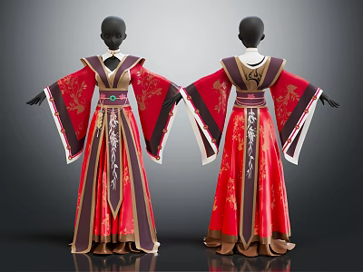 Elegant Traditional Chinese Costume On Mannequins With Red Brown Floral Patterns And Front Back Views 3d model