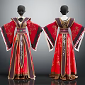 Elegant Traditional Chinese Costume On Mannequins With Red Brown Floral Patterns And Front Back Views