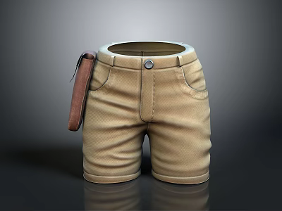 Beige Shorts Shaped Household Storage Container With Textured Fabric Pockets Button Detail And Brown Strap 3d model