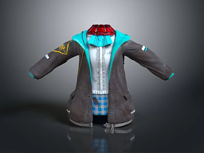 Stylish Gray Coat With Red Collar Blue Trim Plaid Lining And Sleeve Badges 3d model