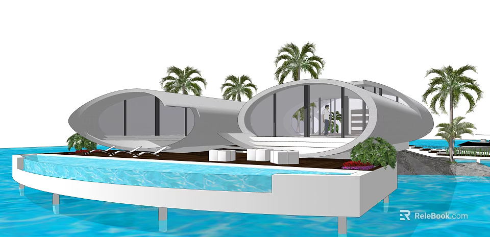 Modern Single Family Villa With Swimming Pool Lush Palm Trees And Large Glass Windows 3d model 