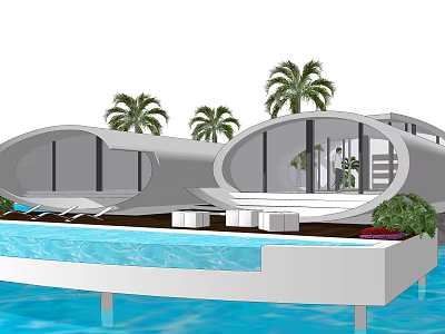 Modern Single Family Villa With Swimming Pool Lush Palm Trees And Large Glass Windows 3d model