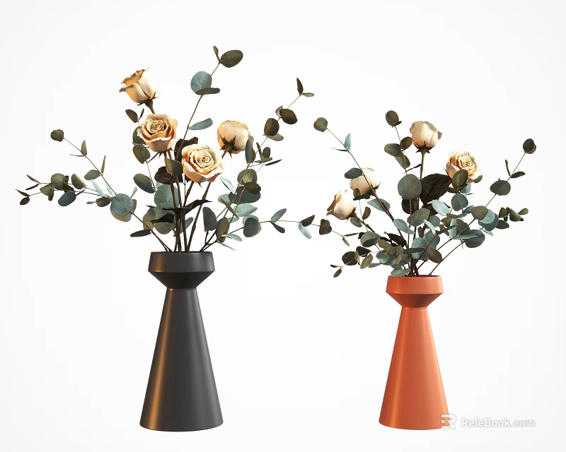 Stylish Black and Orange Conical Vases with Yellow Roses and Green Leaves 3d model 