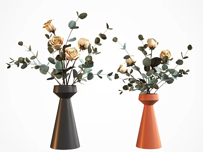 Stylish Black and Orange Conical Vases with Yellow Roses and Green Leaves 3d model