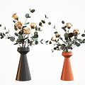 Stylish Black and Orange Conical Vases with Yellow Roses and Green Leaves