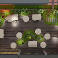 Cozy Outdoor Café With Wooden Deck White Umbrellas Tables And Green Plants