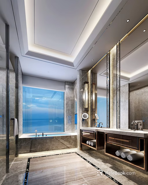Elegant Modern Hotel Bathroom Featuring Marble Walls Bathtub And Ocean View Floor To Ceiling Window 3d model 