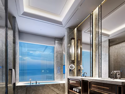 Elegant Modern Hotel Bathroom Featuring Marble Walls Bathtub And Ocean View Floor To Ceiling Window 3d model