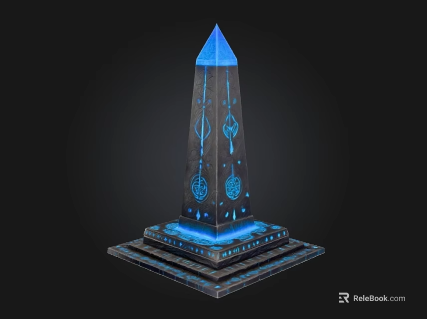 Illuminated Blue Obelisk with Decorative Patterns on Square Base and Tapered Top 3d model 