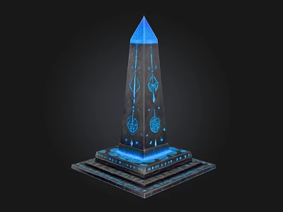 Illuminated Blue Obelisk with Decorative Patterns on Square Base and Tapered Top 3d model