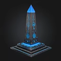 Illuminated Blue Obelisk with Decorative Patterns on Square Base and Tapered Top