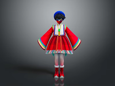 Young Child In Red Traditional Costume With Colorful Trimmed Sleeves Hat And Green Pendant 3d model
