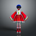 Young Child In Red Traditional Costume With Colorful Trimmed Sleeves Hat And Green Pendant
