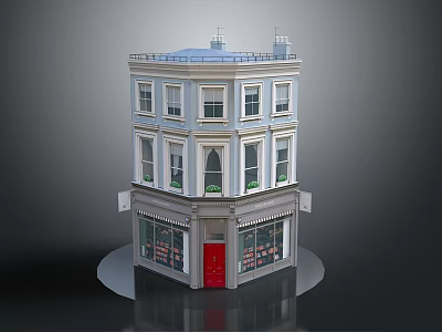 Cartoon Style Three Story Building Featuring Red Door Windows Shop Signs And Blue Roof 3d model