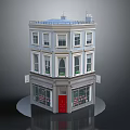 Cartoon Style Three Story Building Featuring Red Door Windows Shop Signs And Blue Roof