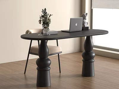 Modern Black Desk With Bulbous Column Legs Laptop Green Plant Books And Natural Light 3d model