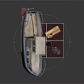 Rusty Blue Boat Near Workbench And Barrels On Checkered Mat