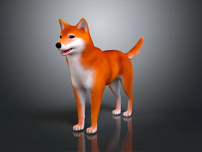 Orange and white Shiba Inu standing on reflective surface with gray background 3d model