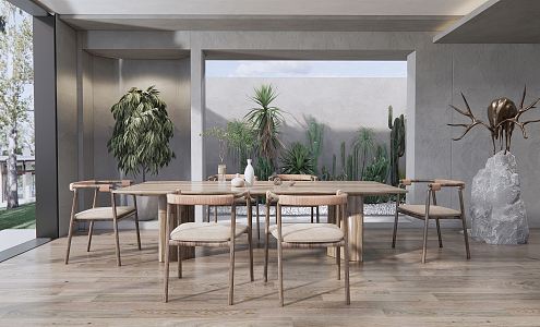 Qui Ji Restaurant Dining Table and Chair Leisure Chair Landscape Plant Cactus Courtyard Sketch 3d model