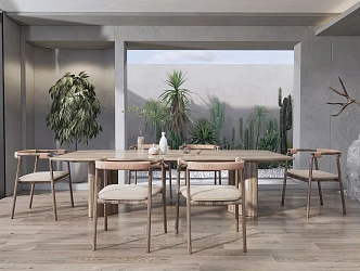 Qui Ji Restaurant Dining Table and Chair Leisure Chair Landscape Plant Cactus Courtyard Sketch 3d model
