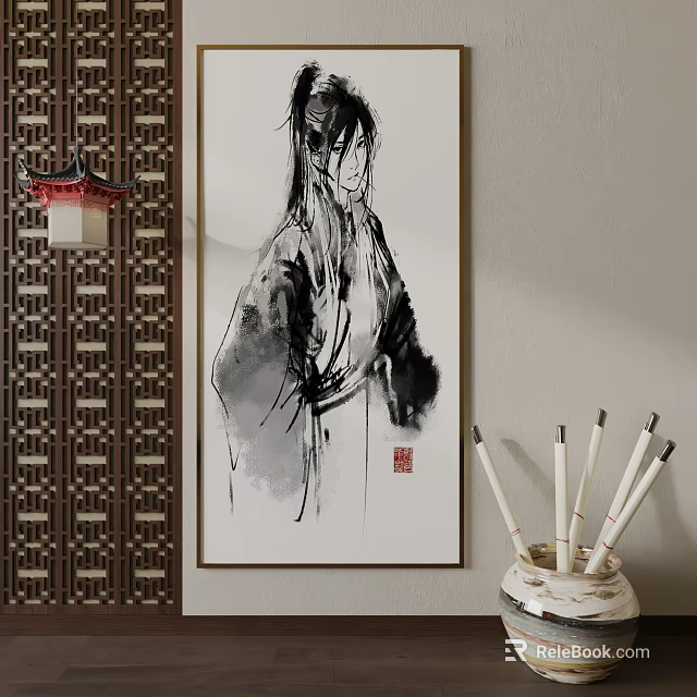 Chinese Traditional Ink Painting Artwork With Ancient Costume Figure Chinese Screen Lantern And Brushes 3d model 