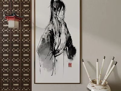 Chinese Traditional Ink Painting Artwork With Ancient Costume Figure Chinese Screen Lantern And Brushes 3d model