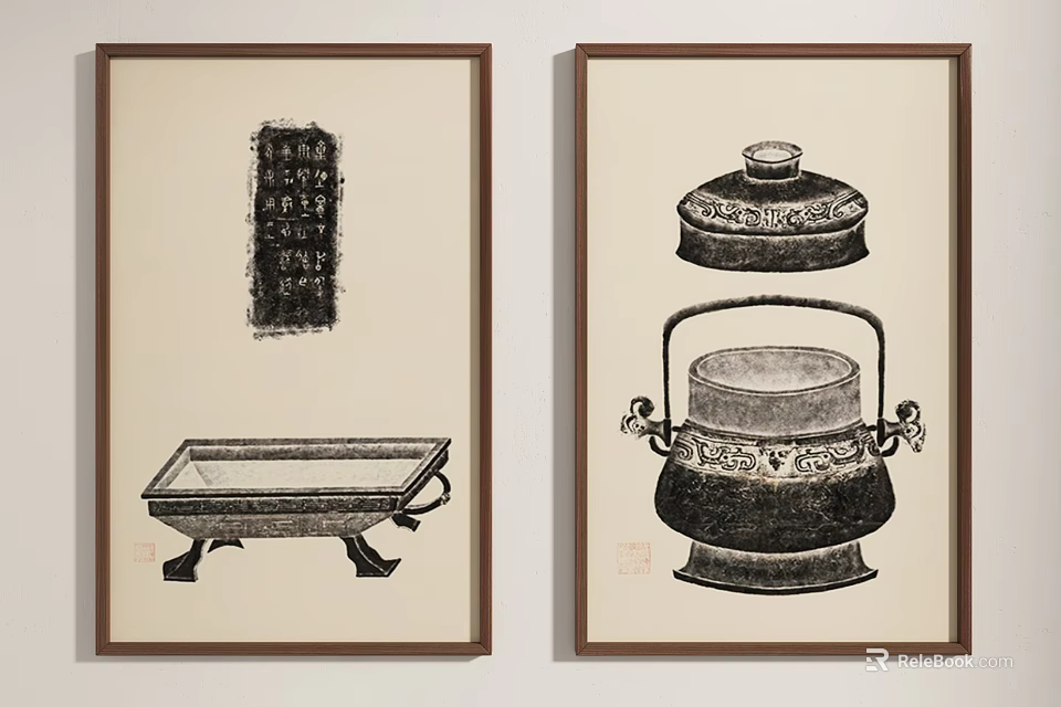 Two Panel Traditional Artwork Paintings Featuring Antique Vessels And Calligraphy 3d model