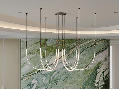 Modern Curved LED Chandelier With Metal Frame And Marble Wall Backdrop In Contemporary Ceiling Design 3d model