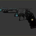 Futuristic Revolver Featuring Black Metallic Body Blue Glowing Accents Dark Grip And Gold Emblem