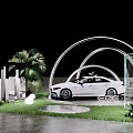 White Car In Modern Display Scene With Curved Arches Green Plants And Lawn