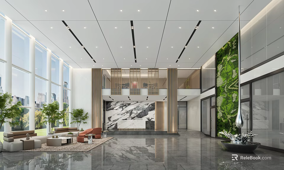 Modern Reception Area With Living Green Wall Sofa Seating And Decorative Artwork 3d model 