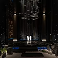Modern Luxury Clubhouse Interior With Starry Ceiling Wooden Grille And Water Feature Lighting