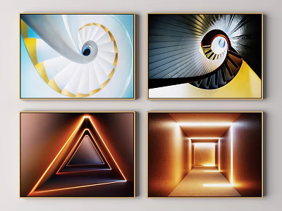 Geometric Abstract Art Prints With Spiral Triangle And Tunnel Light Effects 3d model