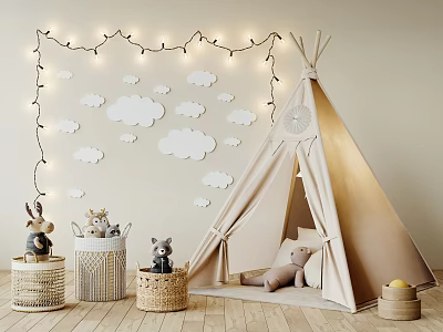 Kids Play Area With Teepee Tent Fairy Lights Cloud Decorations 3d model